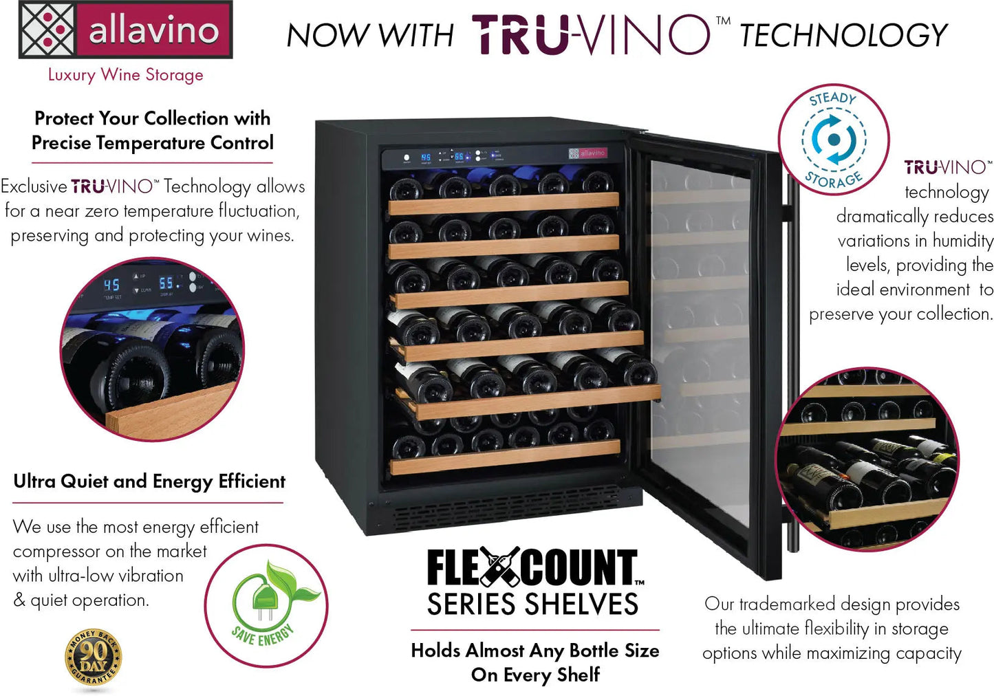 Allavino 47" Wide FlexCount II Tru-Vino 112 Bottle Three Zone Black Side-by-Side Wine Refrigerator-My Vino Vault