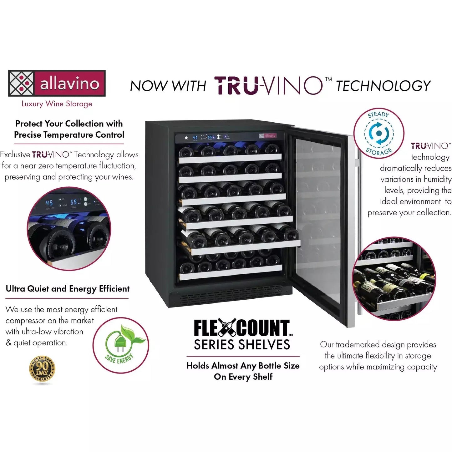 Allavino 47" Wide FlexCount II Tru-Vino 112 Bottle Three Zone Stainless Steel Side-by-Side Wine Refrigerator-My Vino Vault